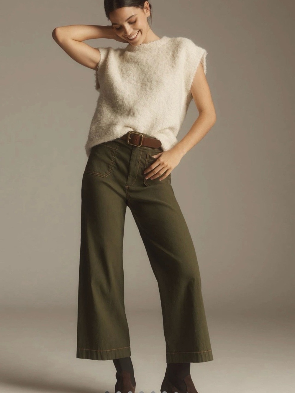 Anthropologie Maeve Green Colette Crop Wide Leg Pants Contrast Stitch Women 30